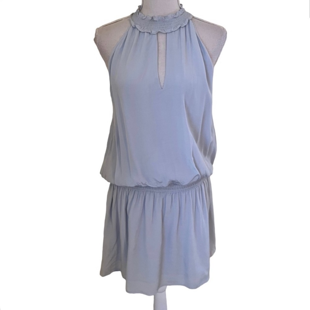 Fate Light Grey Smocked Ruffle Blouson Halter Mini Dress medium